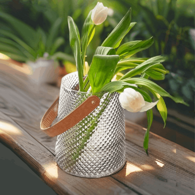 조인메이드 가죽 손잡이 유리 꽃병, 투명