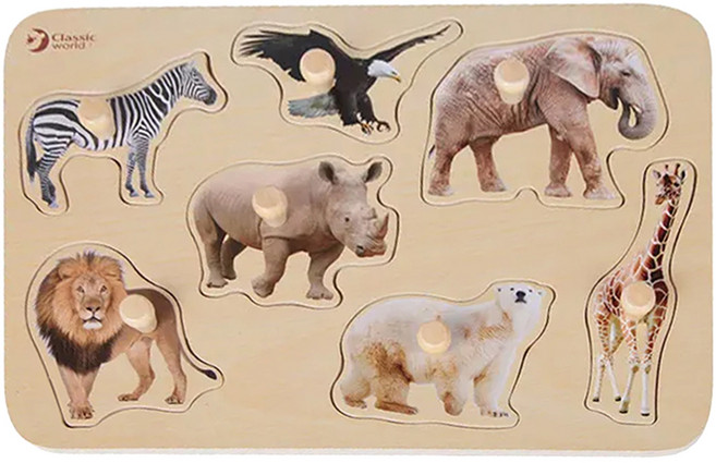Classic WORLD 客來喜 經典木玩 木製手抓板 野生動物 3744, 原木色, 1組