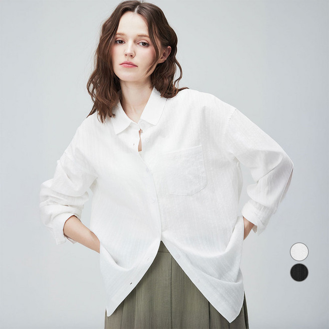 ELLEPARIS 여성용 레이스 시어서커 루즈핏 긴소매 셔츠