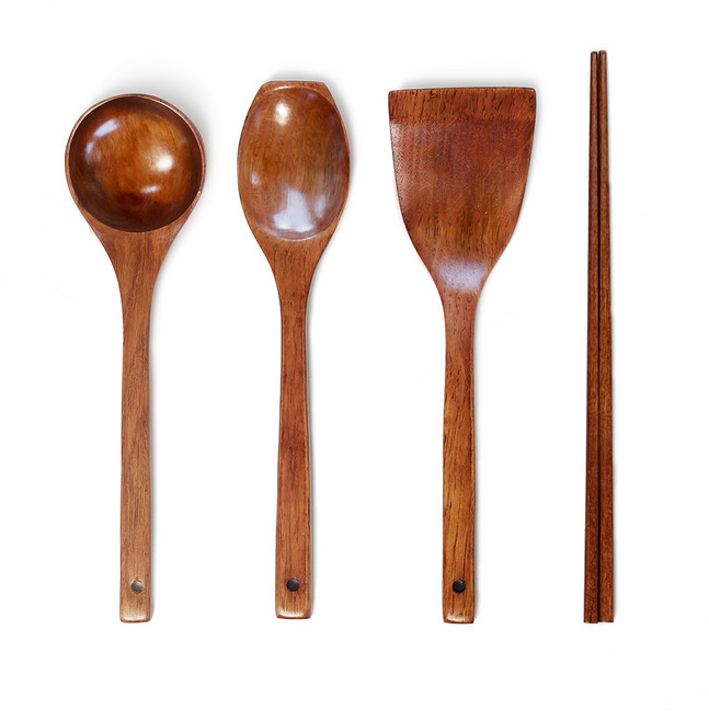 키볼리 옻칠 나무 조리도구 4종 세트, 국자 + 볶음스푼 + 뒤집개 + 튀김젓가락, 1세트