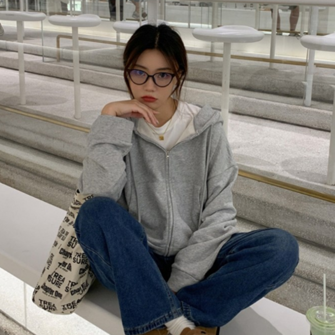 DMELD 女款層次感寬鬆休閒連帽拉鍊外套