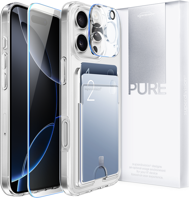 슈퍼디비전 퓨어 카드 올인원 패키지 변색방지 카드 휴대폰 케이스 + 전면 풀커버 강화유리 + 카메라 강화유리 세트