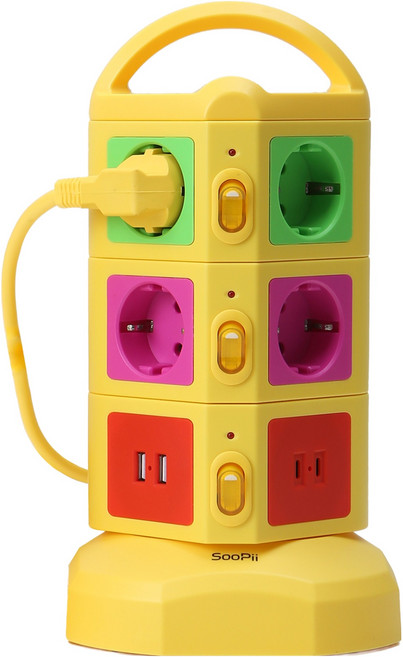 수피 비비드 컬러 디자인 고용량 4000W USB타워 안전 멀티탭 10구, 2m, 옐로우, 1개