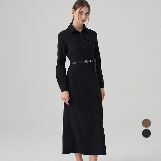 ELLE PARIS 여성용 벨티드 셔츠 롱 원피스