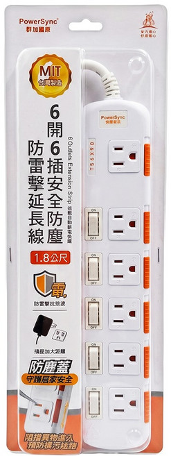 PowerSync 群加 6開6插滑蓋防塵防雷擊延長用電源線組 TS6X9018 580g, 1.8m, 白色, 1個