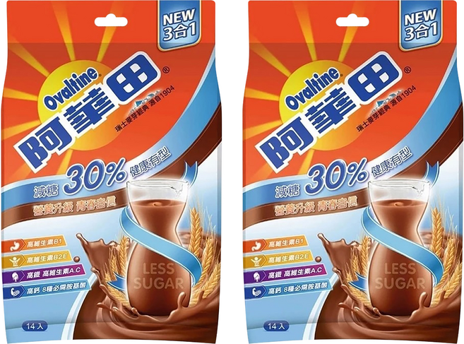 Ovaltine 阿華田 減糖營養巧克力麥芽飲品, 31g, 14包, 2袋