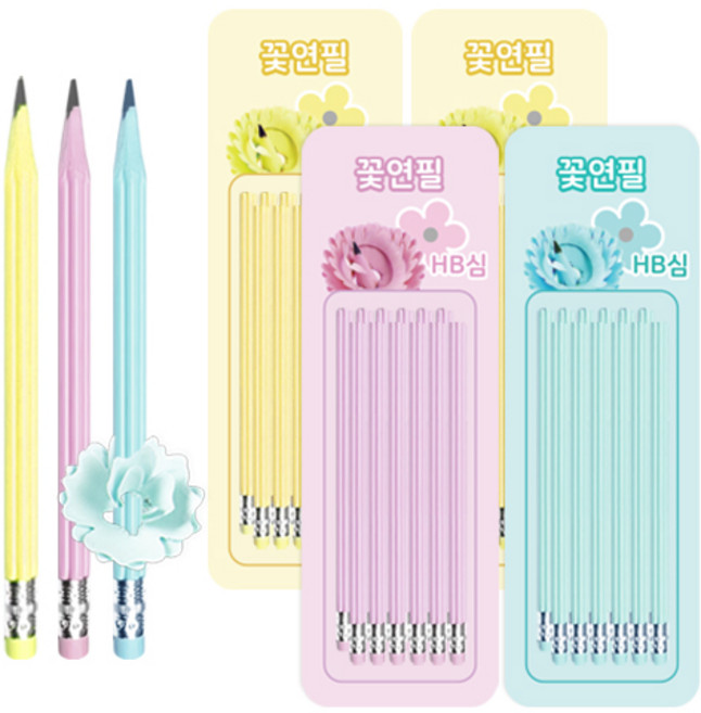 플라워 모양 HB심 48개 그림감 좋은 연필 혼합색상, 핑크, 블루, 옐로우, 1세트