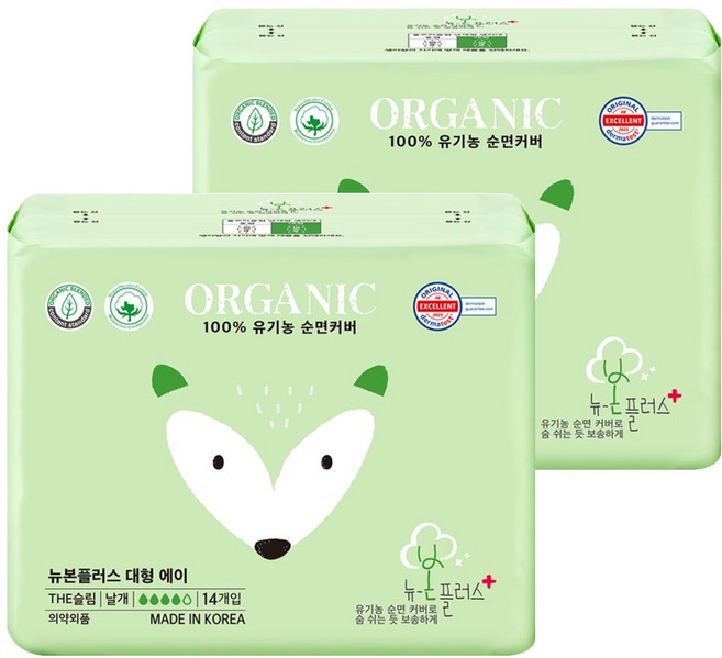 유기농본 뉴본플러스 슬림한 생리대, 대형, 12개입, 2개