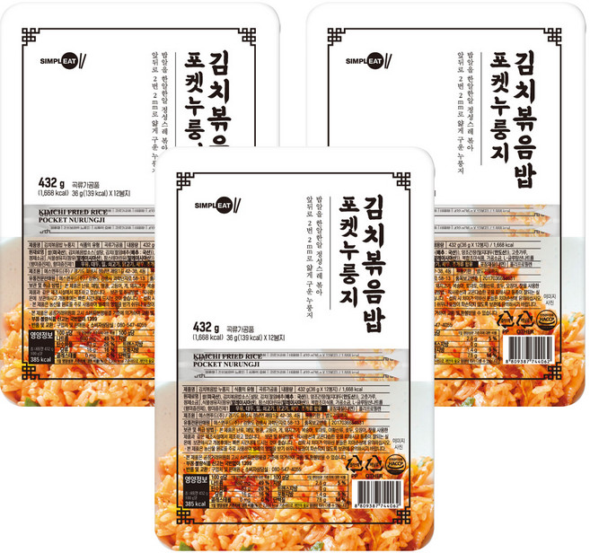 심플잇 김치볶음밥 포켓누룽지, 432g, 3개