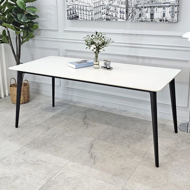 비에프컴퍼니 뉴 메르 세라믹 식탁 방문설치, 올화이트 + 블랙프레임, 6인용