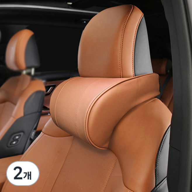 지엠지모터스 리얼넥 차량용 목쿠션 가죽 메모리폼, 브라운, 2개