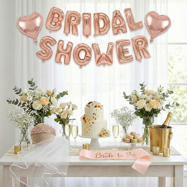 뷰라뷰 브라이덜 샤워 티아라 + 어깨띠 + 면사포 + 레터링풍선 세트, 로즈골드, 1세트