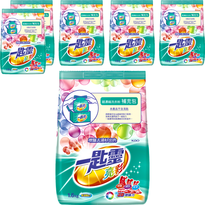 Attack 一匙靈 台灣公司貨 亮彩超濃縮洗衣粉 補充包, 1.6kg, 6包