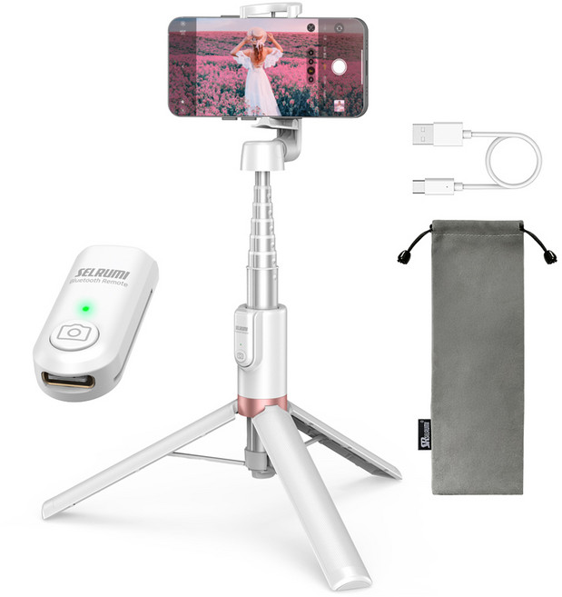 셀루미 인체공학 익스텐션 셀카봉 삼각대, SEL-CT1300M, (화이트&로즈골드), 1개