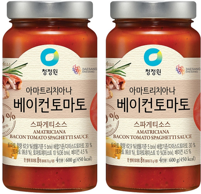 청정원 아마트리치아나 베이컨 토마토 스파게티소스, 600g, 2개