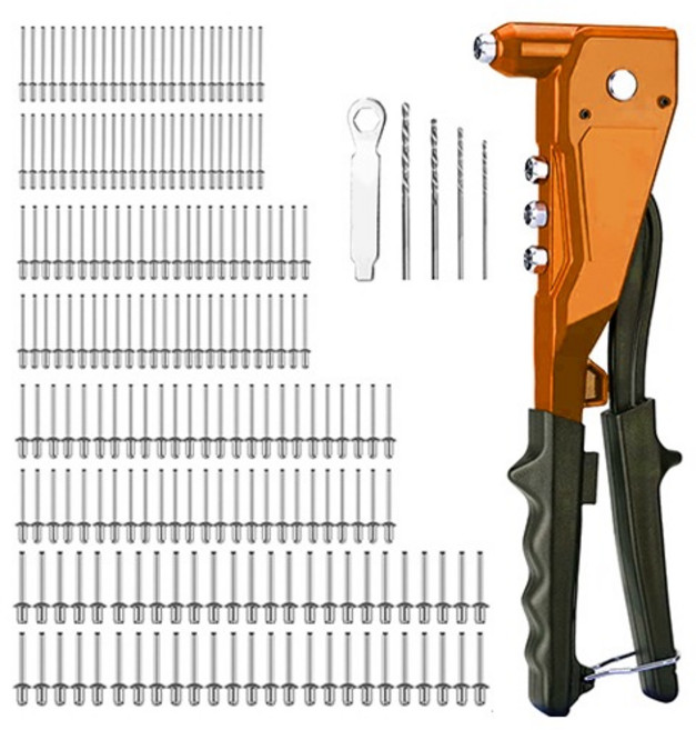 OON 핸드 리벳건 + 리베못 4종 x 50p + 드릴비트 4종 + 어댑터 세트, 1세트