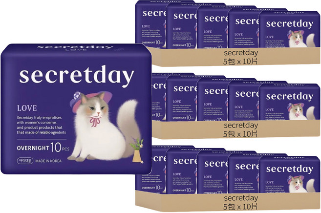 secretday 韓國原裝進口 Love系列 蝶翼衛生棉, 夜用型(36cm), 10片, 15包