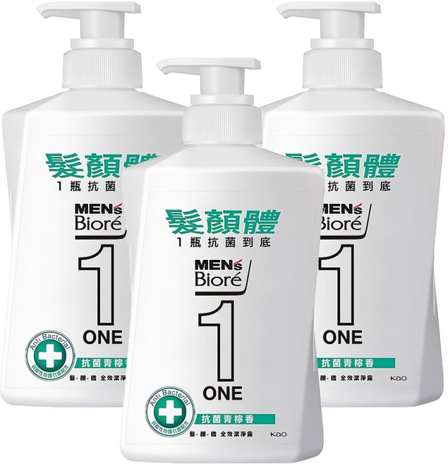 MEN's Biore ONE 髮顏體全效潔淨露 抗菌青春香, 480ml, 3瓶