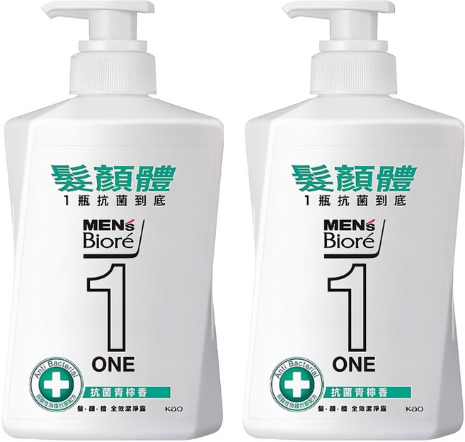MEN's Biore 台灣公司貨 ONE 髮顏體全效潔淨露 抗菌青檸香, 480ml, 2瓶