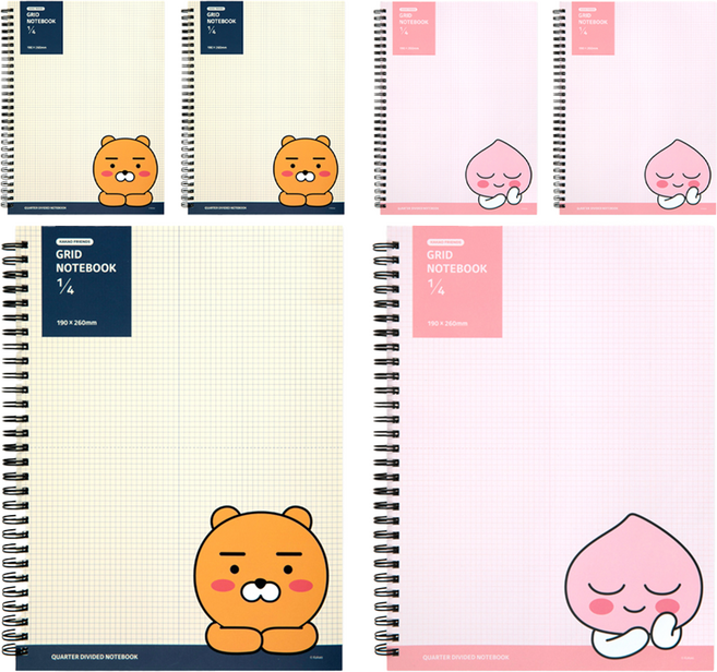 KAKAO FRIENDS 現代風格4格線圈筆記本 2本, Ryan+Apeach, 3組