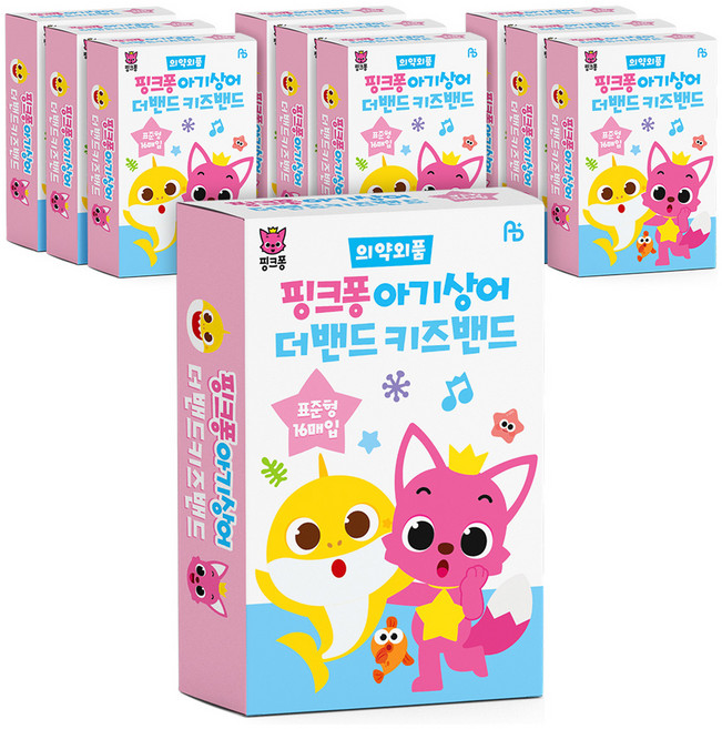 ABPLUS 핑크퐁 아기상어 더밴드 키즈밴드 표준형 반창고, 16개입, 10개