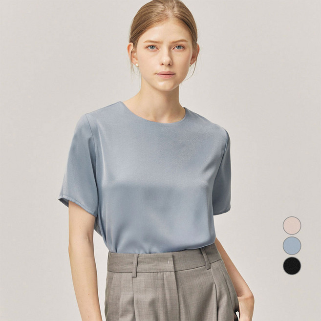 ELLE PARIS 여성용 라운드넥 반팔 우아한 글로우 새틴 블라우스