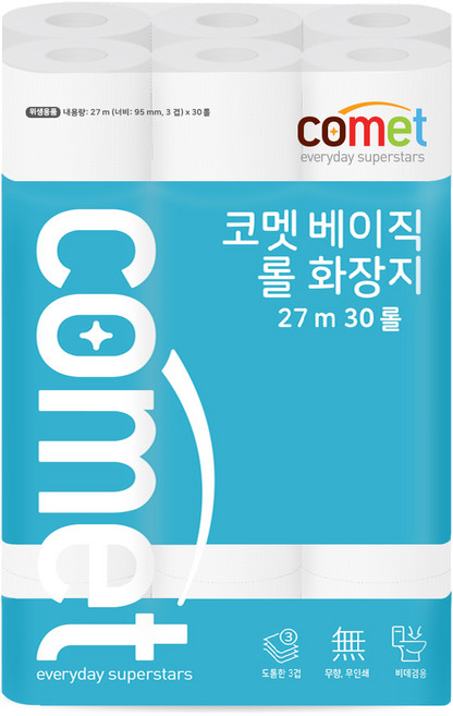 코멧 베이직 3겹 롤화장지 27m, 30개입, 1개