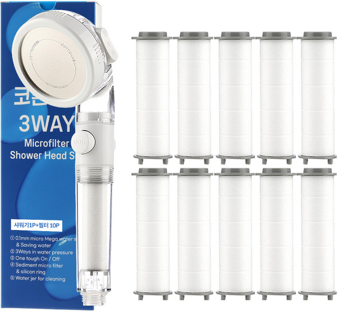 코튼하임 3WAY 원터치 온 오프 마이크로 필터 샤워기 + 필터 10p 세트, 1세트, 혼합색상