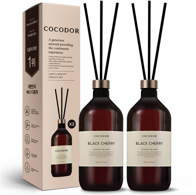 코코도르 프리미엄 디퓨저 + 섬유스틱 6p, 블랙체리, 1L, 2개