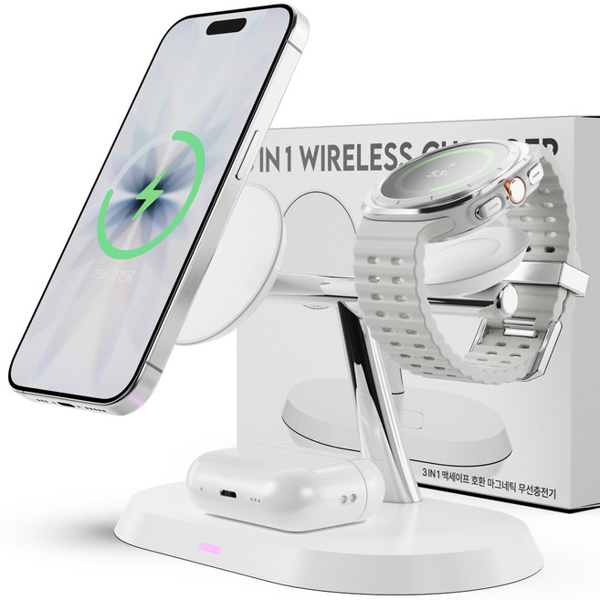 누아트 3in1 애플워치 갤럭시워치 호환 맥세이프 마그네틱 무선충전기, 화이트, 1개