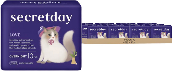 secretday 韓國原裝進口 Love系列 蝶翼衛生棉, 夜用型(36cm), 10片, 45包