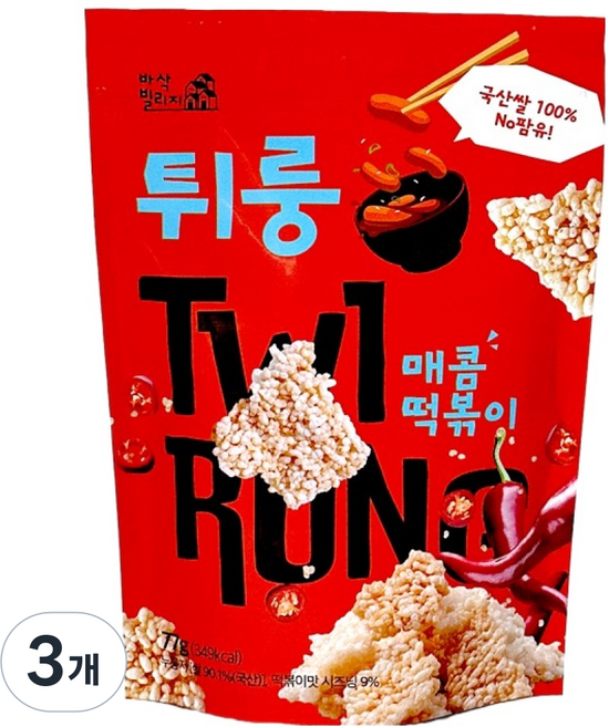 바삭빌리지 튀룽 누룽지스낵 매콤떡볶이, 3개, 77g