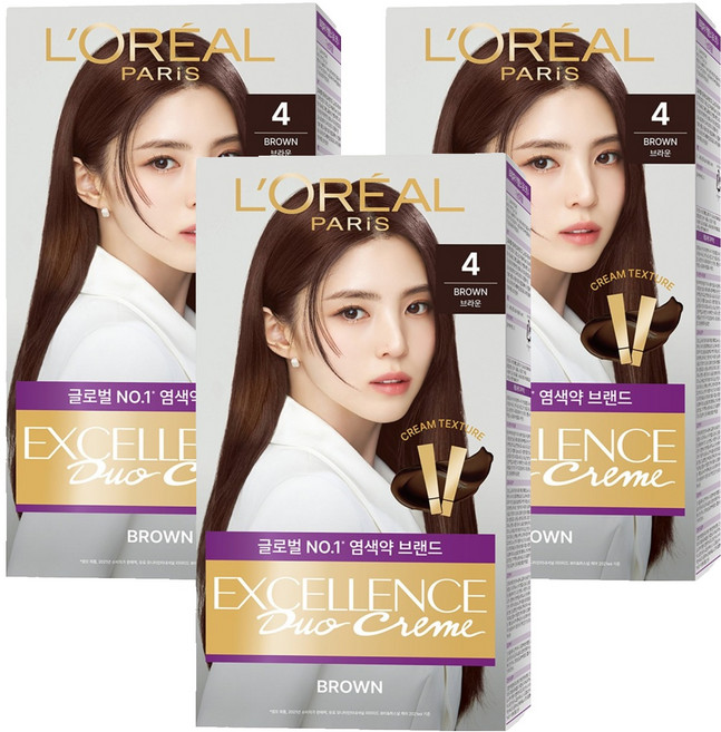 로레알파리 엑셀랑스 듀오크림 염모제, 4 브라운, 3개