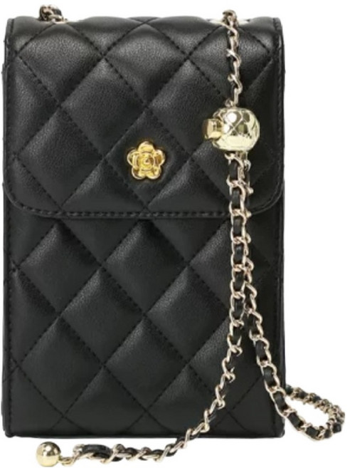 牛皮菱格紋鍊條肩揹包手機小包女包, 黑色