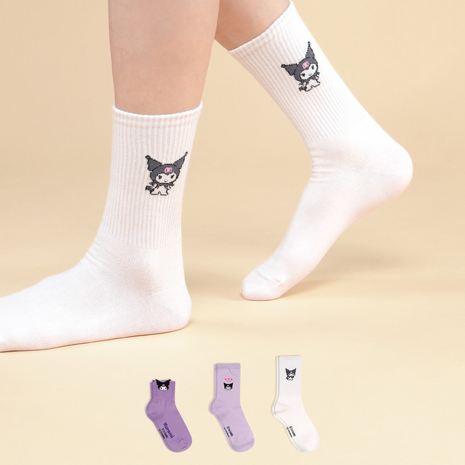 삭피엔스 여성용 산리오 파스텔 심플 쿠로미 양말 3켤레 세트