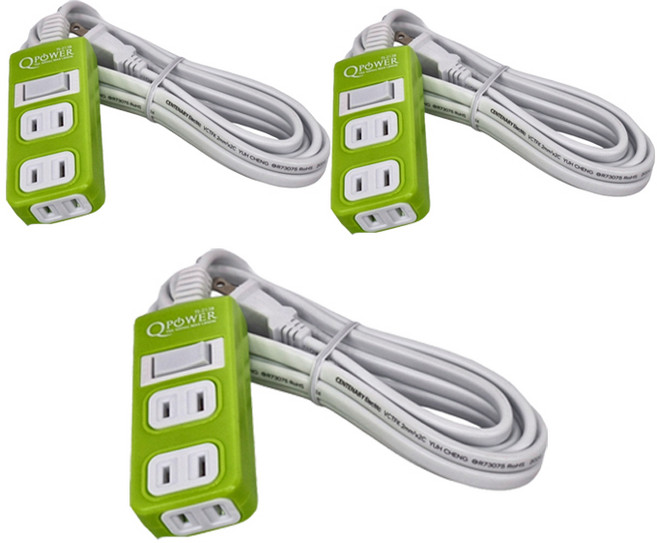 Tyson 太順電業 QPOWER 太超值 2孔1開3插 延長線插座 TS-213B, 2.7m, 萊姆色, 3條