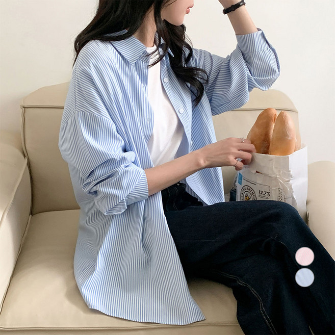 아피나르 여성용 루즈핏 스트라이프 긴팔 셔츠