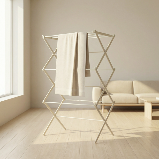 르엘 타워형 접이식 3단 빨래건조대, 아이보리
