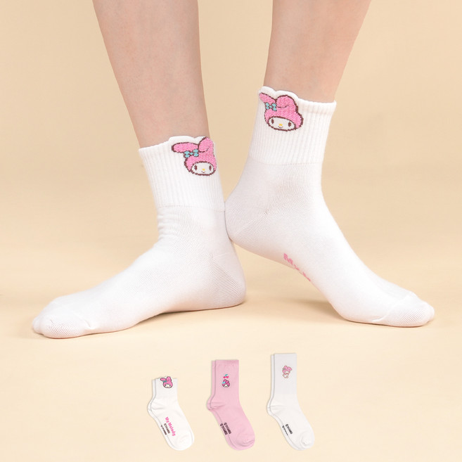 삭피엔스 여성용 산리오 파스텔 심플 마이멜로디 양말 3켤레 세트