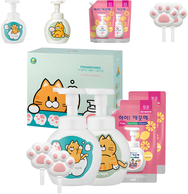 아이깨끗해 폼냥이 핸드워시 레몬향 250ml 2p + 리필 200ml 2p + 거품툴 2p + 폼냥이스티커 2p, 900ml, 2개