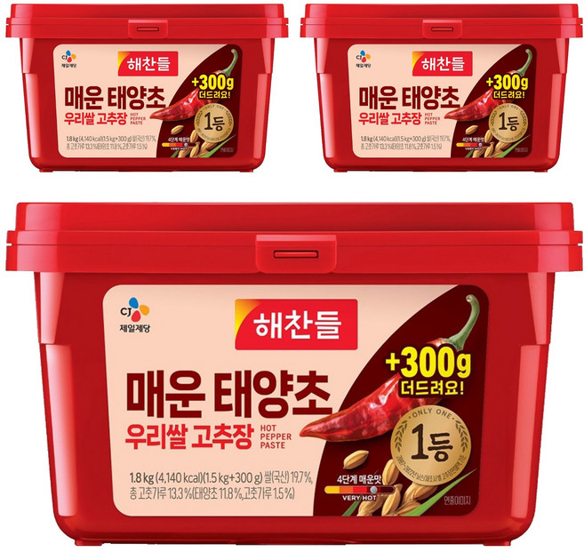 해찬들 매운 태양초 우리쌀 고추장, 1.8kg, 3개