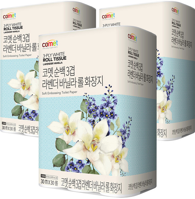 코멧 순백 3겹 라벤더 바닐라 롤화장지 30m, 30개입, 3개