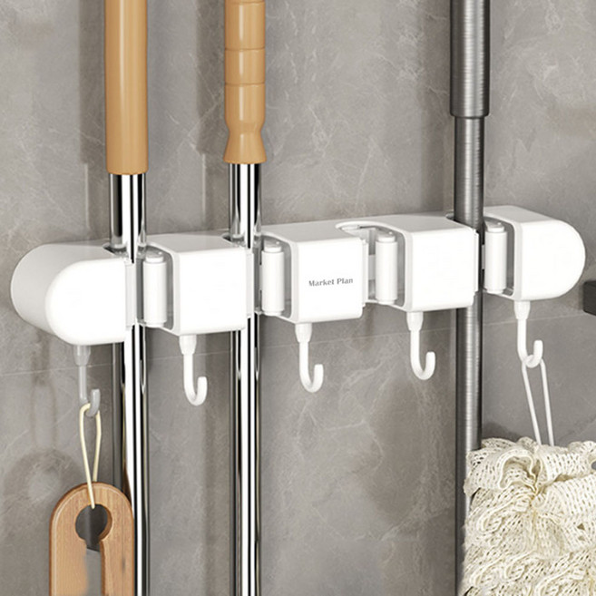 마켓플랜 무타공 벽걸이 청소도구 후크걸이+벽걸이형 스티커 2개, 화이트, 1세트