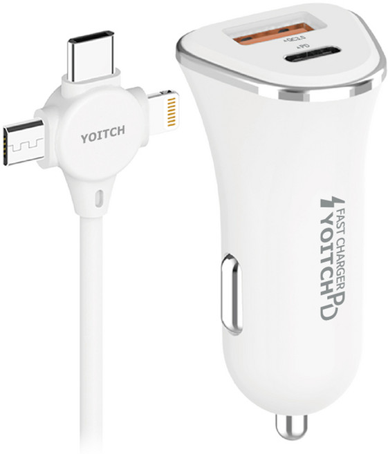 요이치 브이앨빈 차량용 QC 3.0 듀얼 고속충전기 + 3in1 1.2m 케이블 세트, R44PDQC36W, 화이트