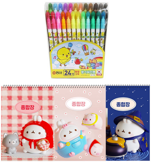 동아연필 노랑병아리 향기나는 사인펜 24색 + 몰랑이두툼종합장 3p 세트, 혼합색상, 랜덤발송(종합장), 1세트