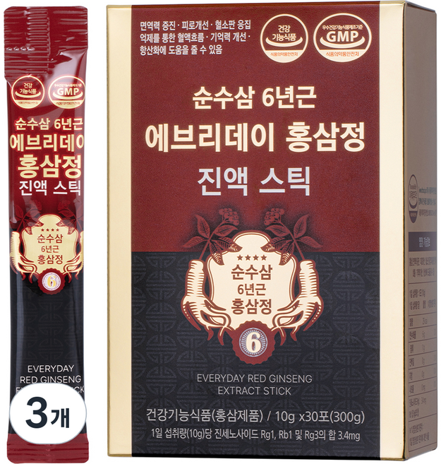 아브카 순수삼 6년근 에브리데이 홍삼정 진액 스틱 30p, 300g, 3개