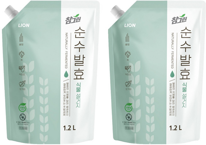 참그린 순수발효 식물 설거지 주방세제 리필, 1.2L, 2개