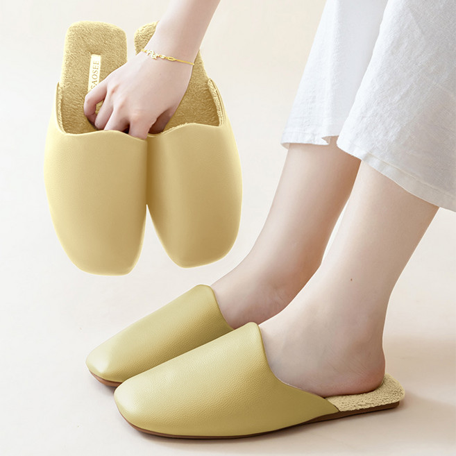 Objet Maison 高級皮革室內拖鞋 絨毛保暖拖鞋, 淺黃色, 1個