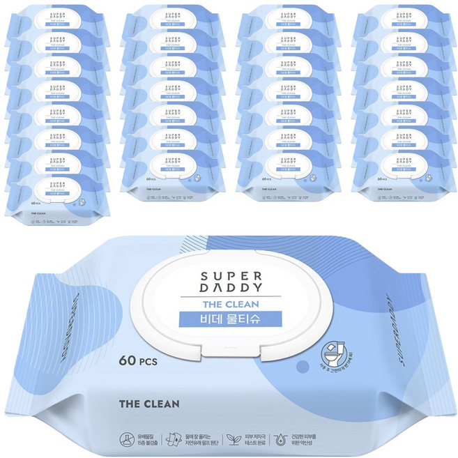 슈퍼대디 더클린 비데 물티슈 캡형, 60g, 60개입, 30개