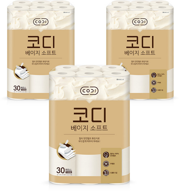 코디 베이지소프트 3겹 천연펄프 롤화장지, 30m, 30개입, 3개